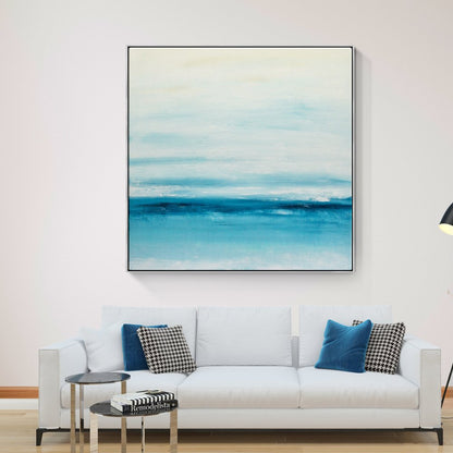 Serene Coastal Blue Horizon Oil Painting for Tranquil Home Decor