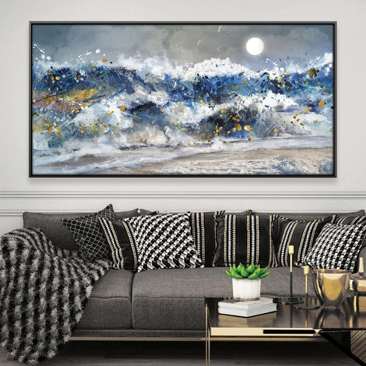 Vibrant Ocean Waves Oil Painting with Moonlit Sky
