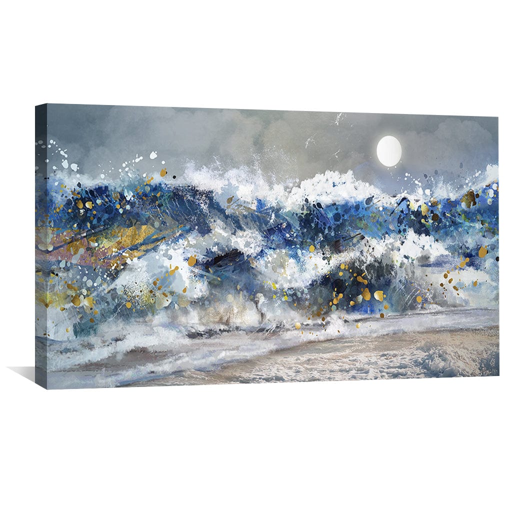 Vibrant Ocean Waves Oil Painting with Moonlit Sky