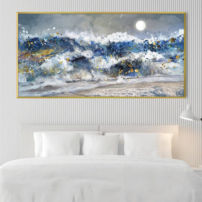 Vibrant Ocean Waves Oil Painting with Moonlit Sky