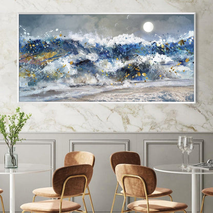 Vibrant Ocean Waves Oil Painting with Moonlit Sky