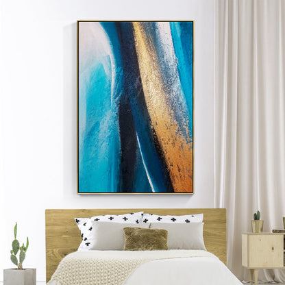 Stunning Blue and Gold Abstract Seascape Oil Painting for Modern Home Decor