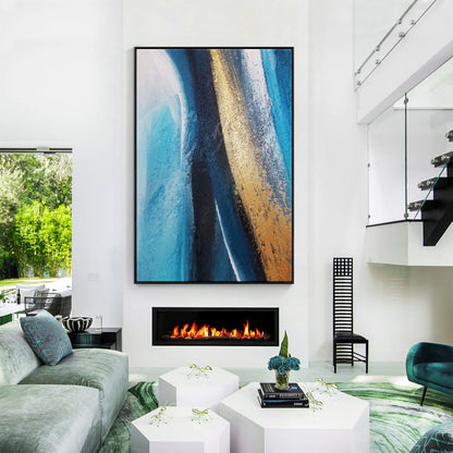 Stunning Blue and Gold Abstract Seascape Oil Painting for Modern Home Decor