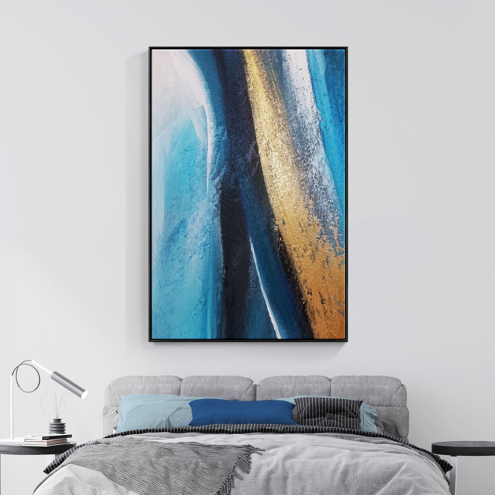 Stunning Blue and Gold Abstract Seascape Oil Painting for Modern Home Decor