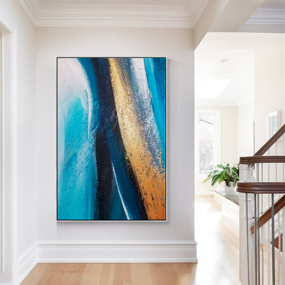 Stunning Blue and Gold Abstract Seascape Oil Painting for Modern Home Decor