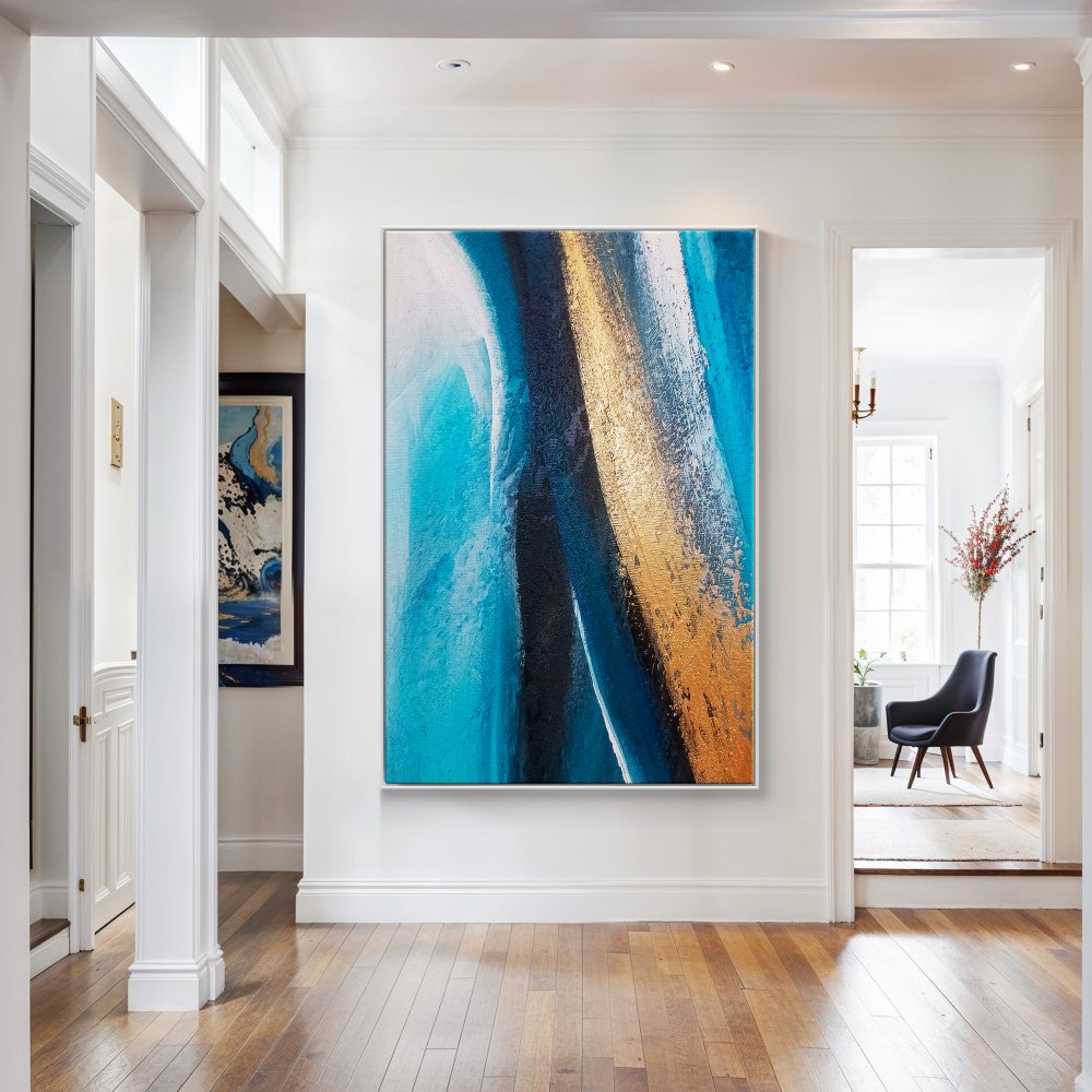 Stunning Blue and Gold Abstract Seascape Oil Painting for Modern Home Decor