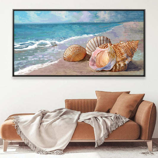 Coastal Oil Painting of Seashells on Beach with Ocean Waves
