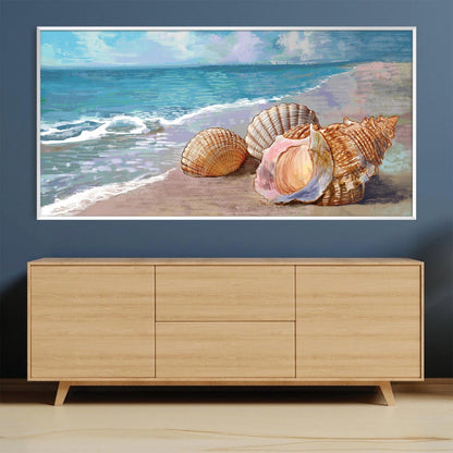 Coastal Oil Painting of Seashells on Beach with Ocean Waves