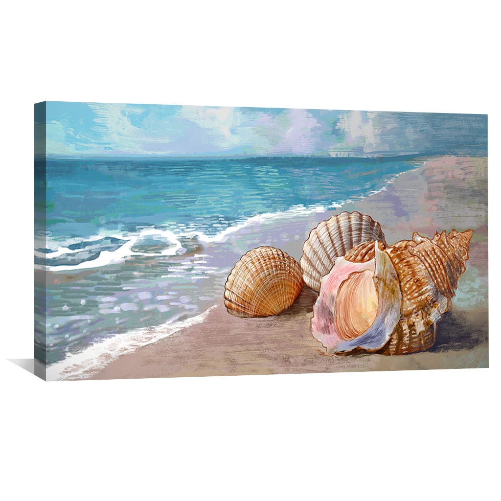 Coastal Oil Painting of Seashells on Beach with Ocean Waves