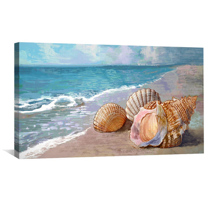 Coastal Oil Painting of Seashells on Beach with Ocean Waves