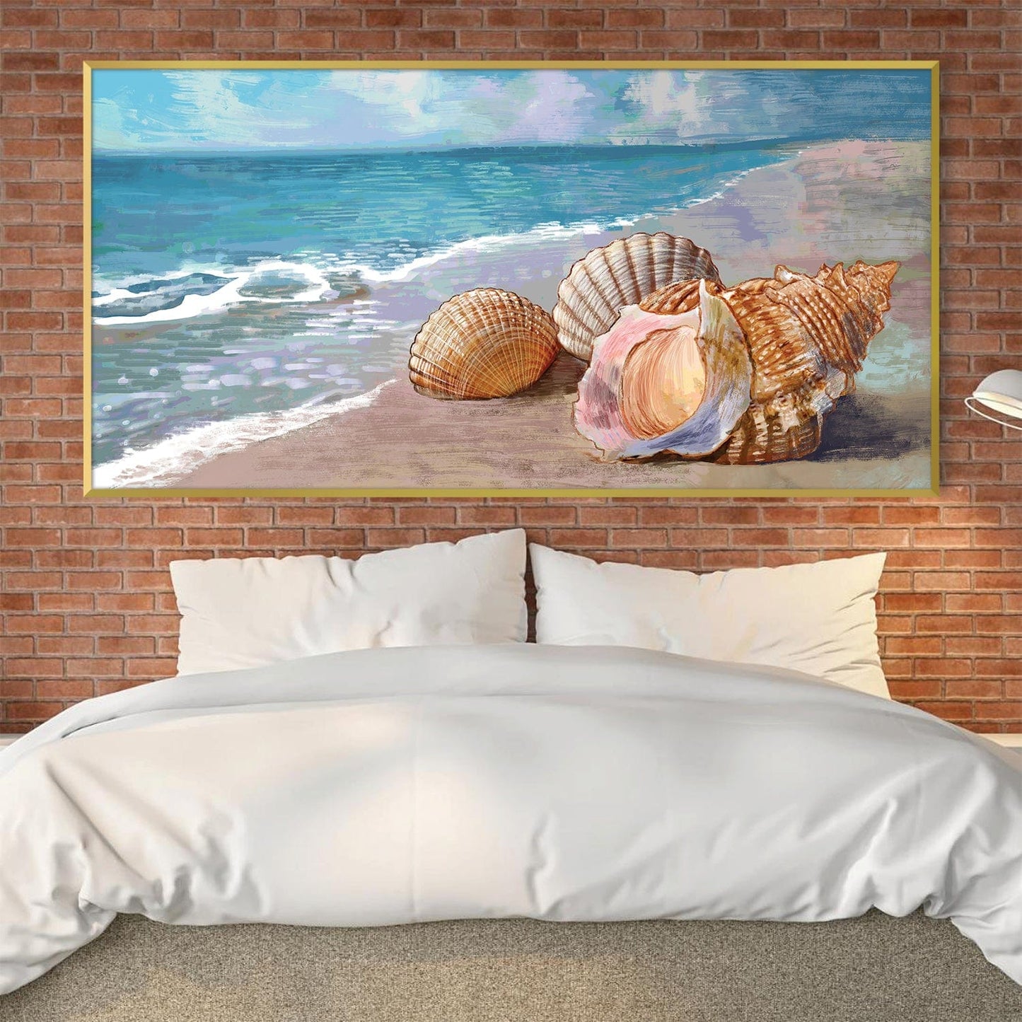 Coastal Oil Painting of Seashells on Beach with Ocean Waves