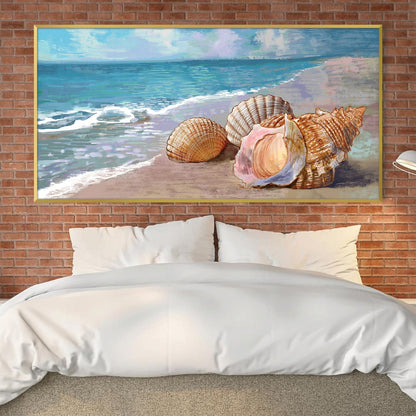 Coastal Oil Painting of Seashells on Beach with Ocean Waves