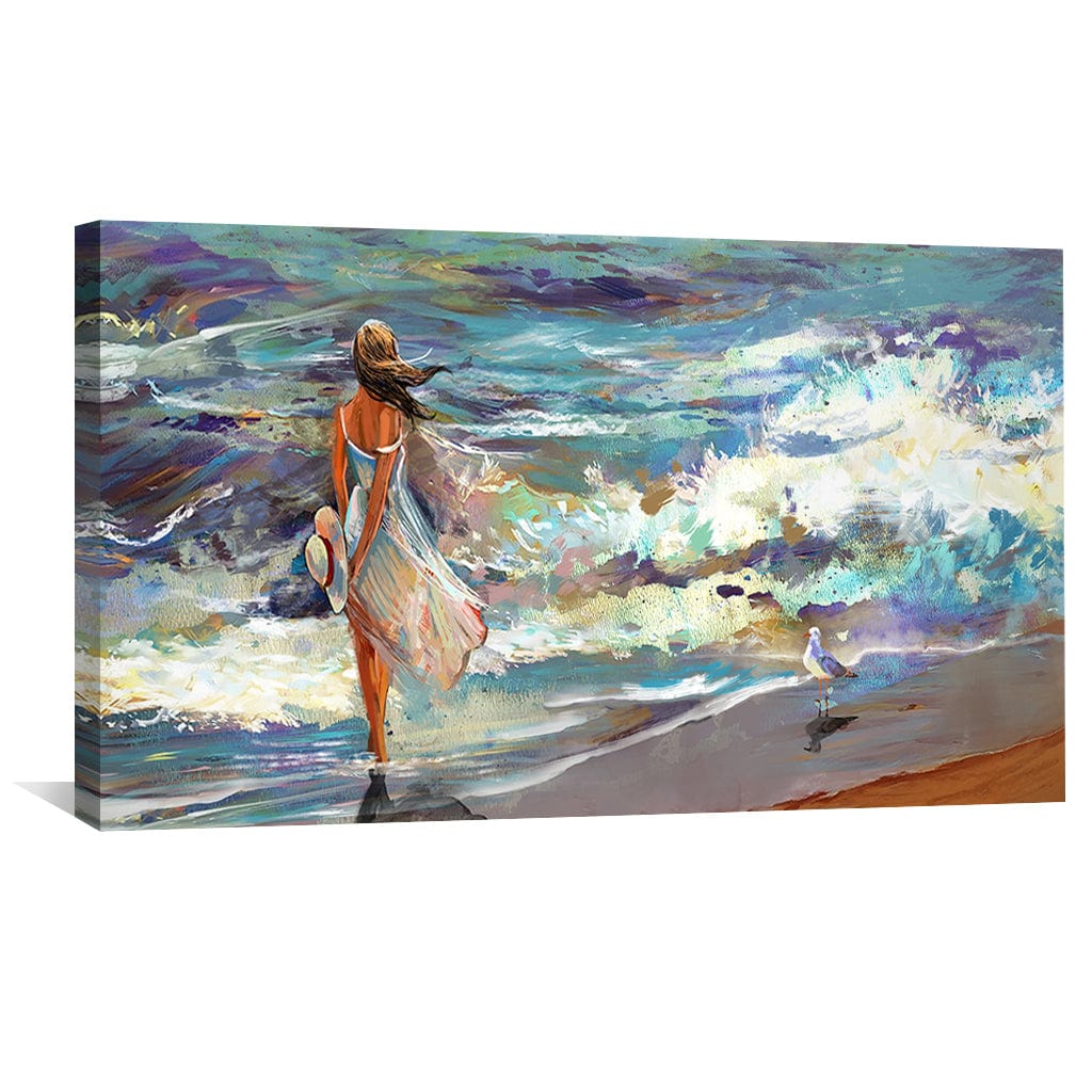 Elegant Ocean Walk Oil Painting | Serene Beach Scene Art for Home Decor