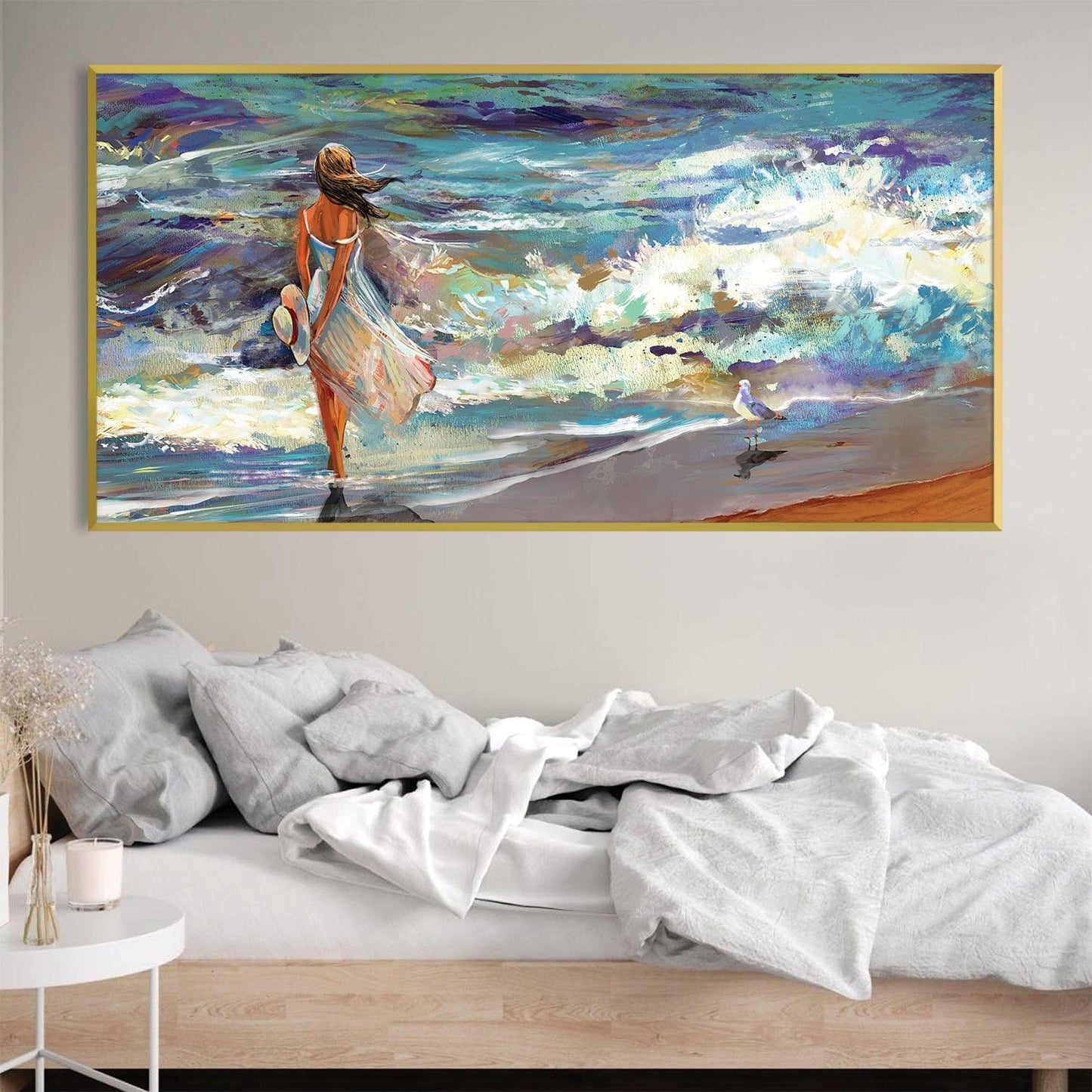 Elegant Ocean Walk Oil Painting | Serene Beach Scene Art for Home Decor