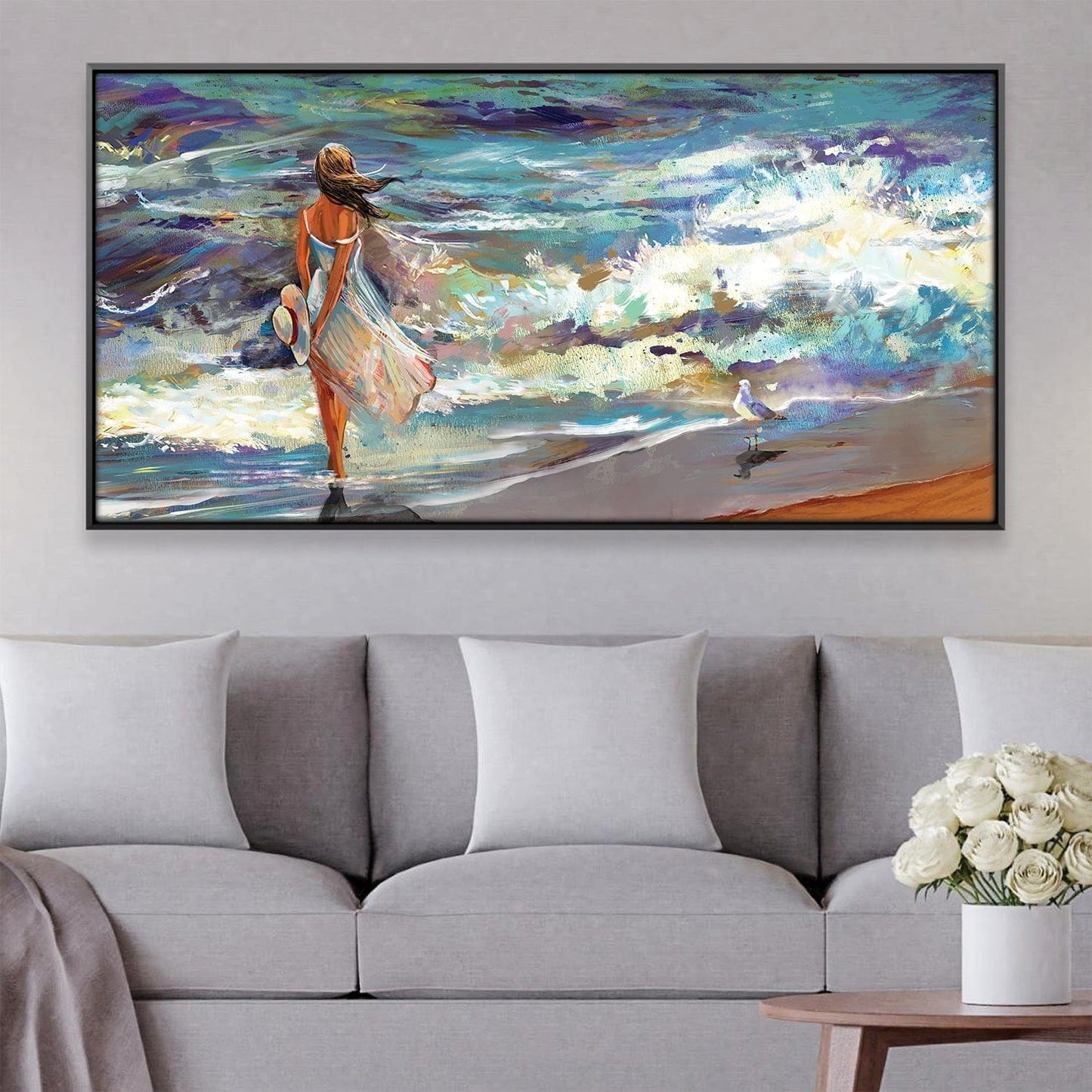 Elegant Ocean Walk Oil Painting | Serene Beach Scene Art for Home Decor