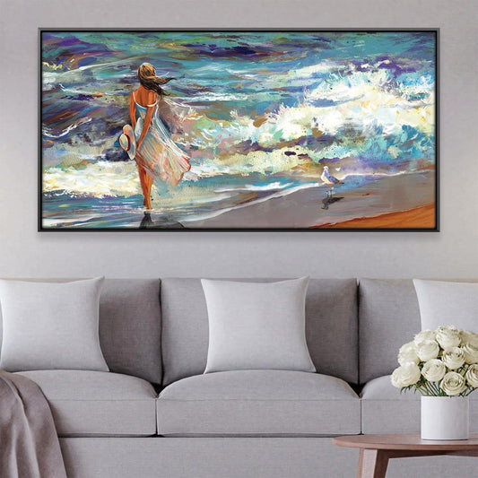 Elegant Ocean Walk Oil Painting | Serene Beach Scene Art for Home Decor
