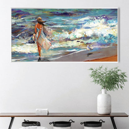 Elegant Ocean Walk Oil Painting | Serene Beach Scene Art for Home Decor