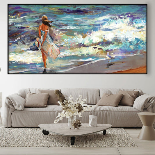Serene Seaside Oil Painting of a Woman Walking by the Ocean Waves