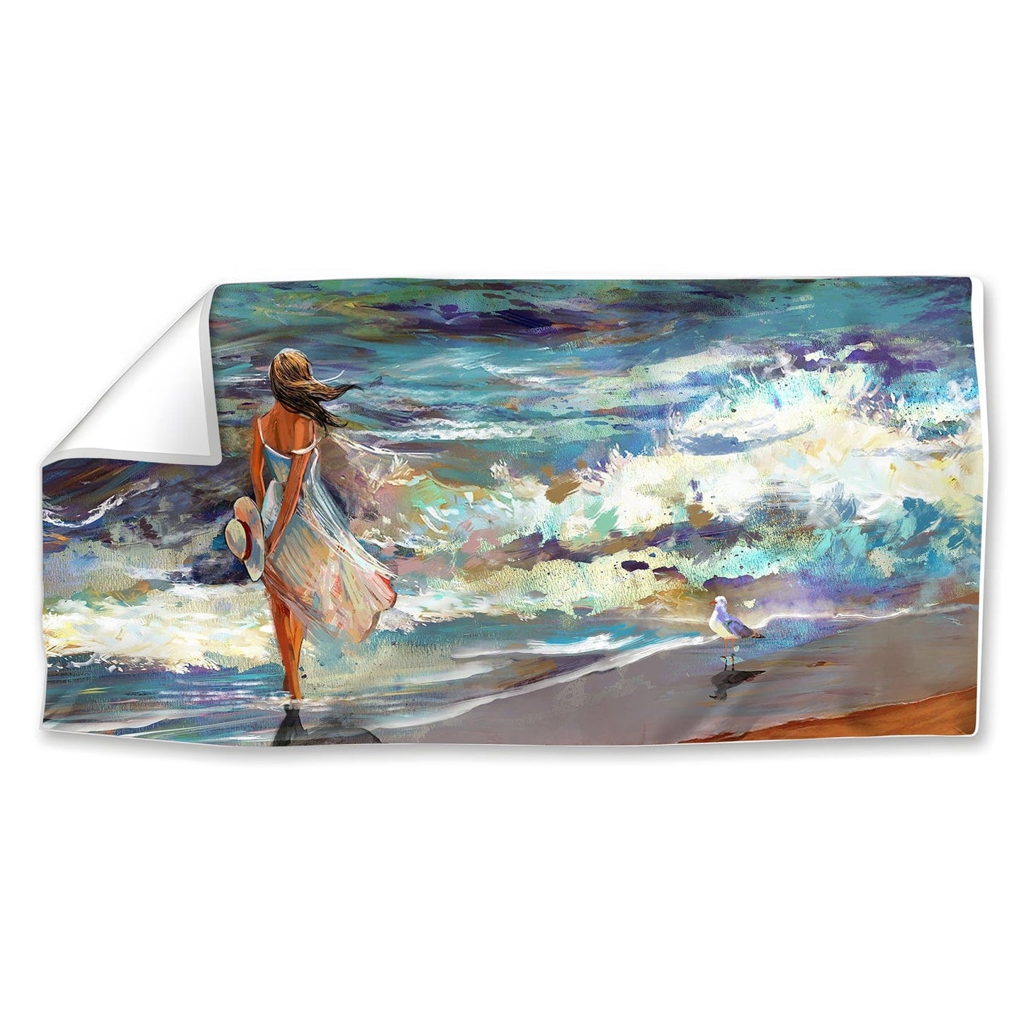 Serene Seaside Oil Painting of a Woman Walking by the Ocean Waves