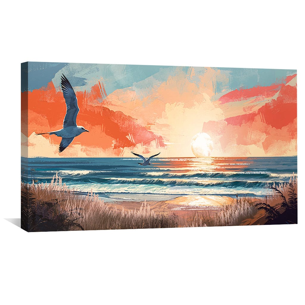 Vibrant Seaside Sunrise Oil Painting with Soaring Seagulls and Ocean Waves