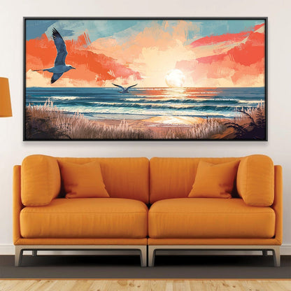Vibrant Seaside Sunrise Oil Painting with Soaring Seagulls and Ocean Waves