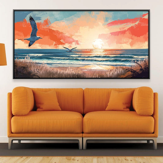 Vibrant Seaside Sunrise Oil Painting with Soaring Seagulls and Ocean Waves