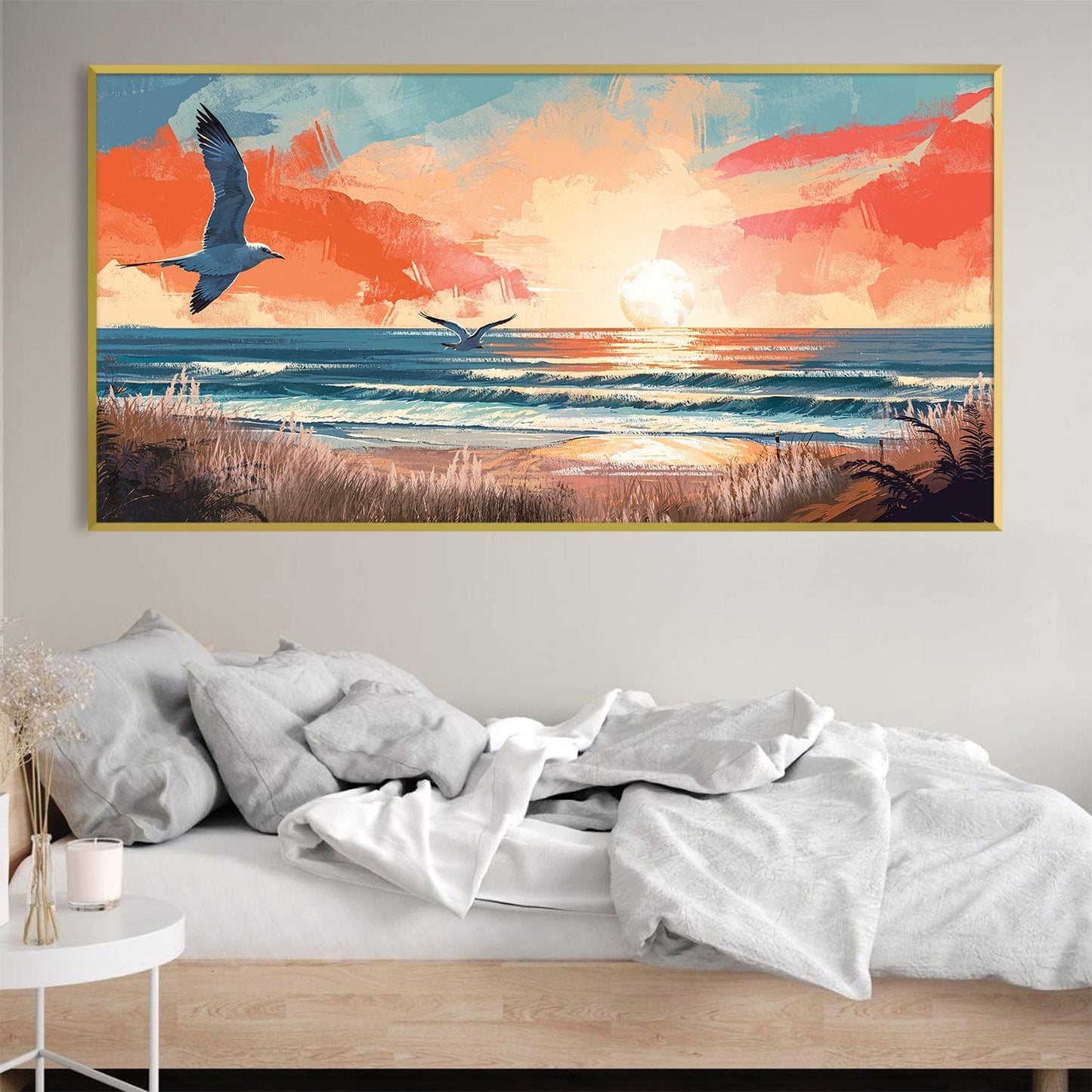 Vibrant Seaside Sunrise Oil Painting with Soaring Seagulls and Ocean Waves