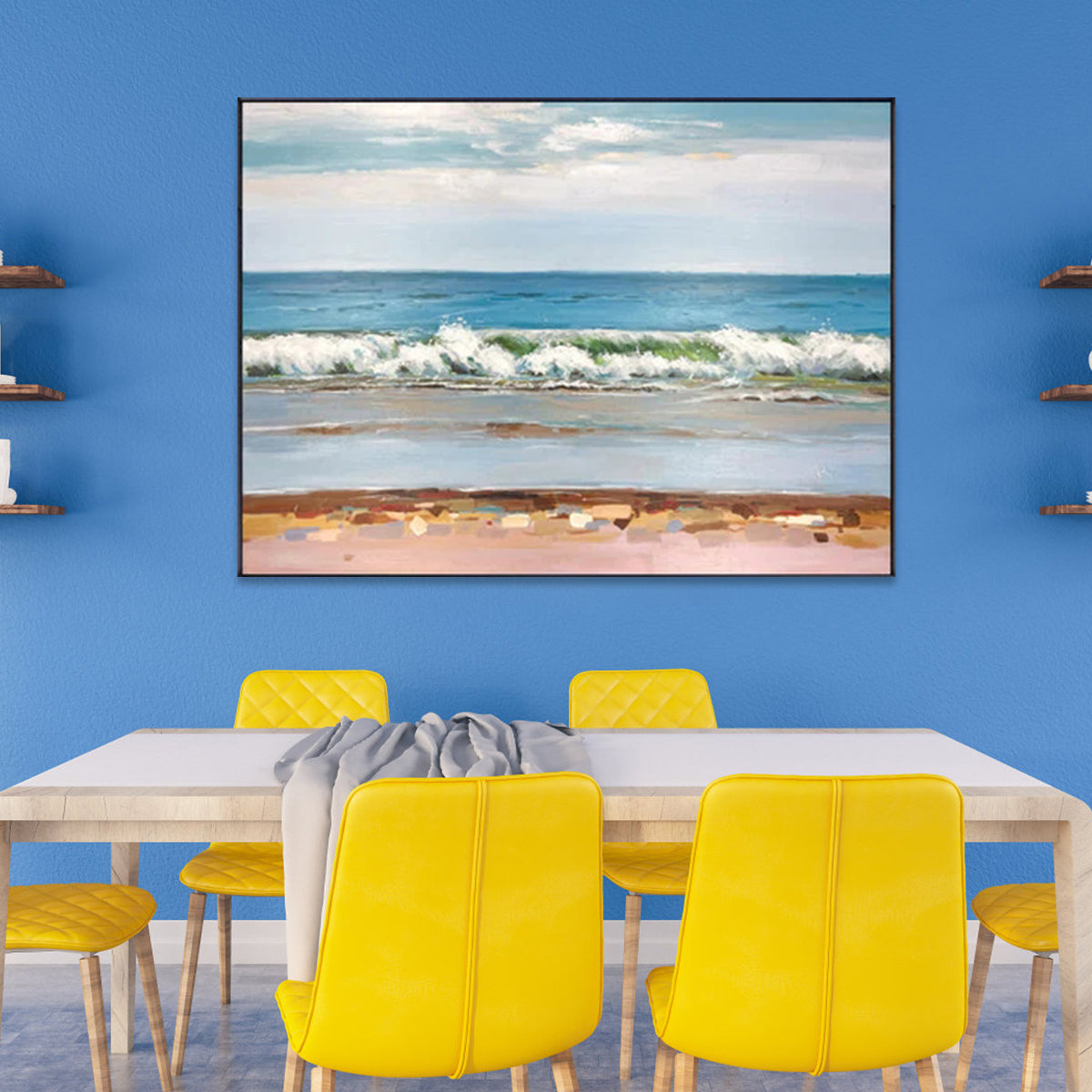 Tranquil Waves: Serene Ocean View Oil Painting for Coastal Home Decor