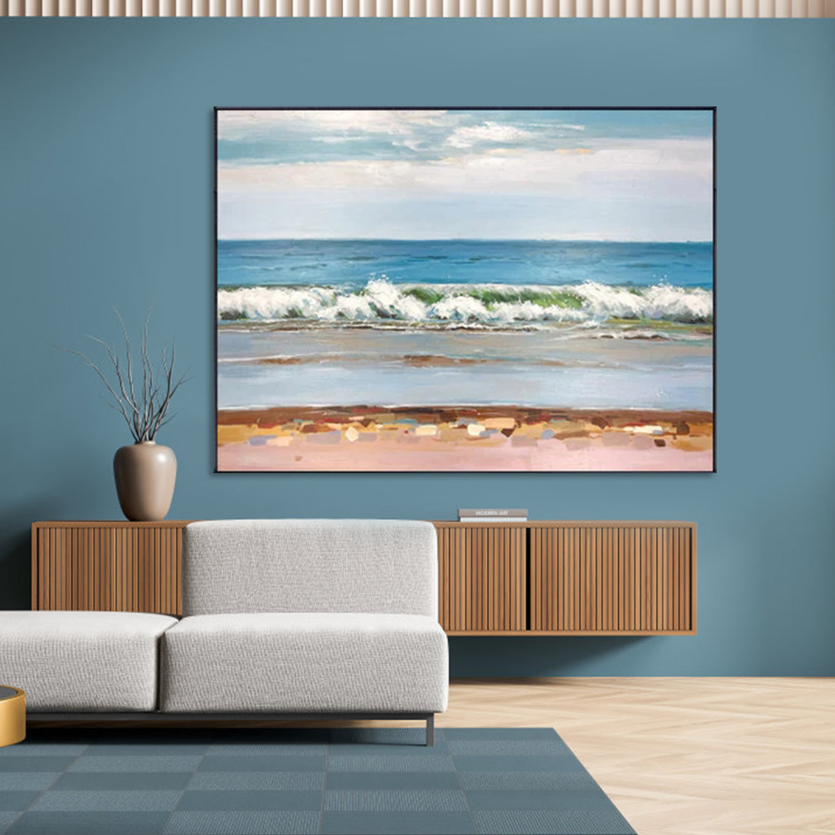 Tranquil Waves: Serene Ocean View Oil Painting for Coastal Home Decor