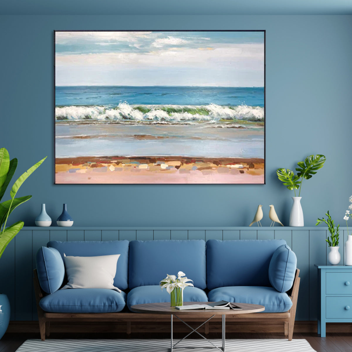 Tranquil Waves: Serene Ocean View Oil Painting for Coastal Home Decor