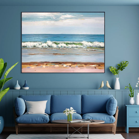 Tranquil Waves: Serene Ocean View Oil Painting for Coastal Home Decor