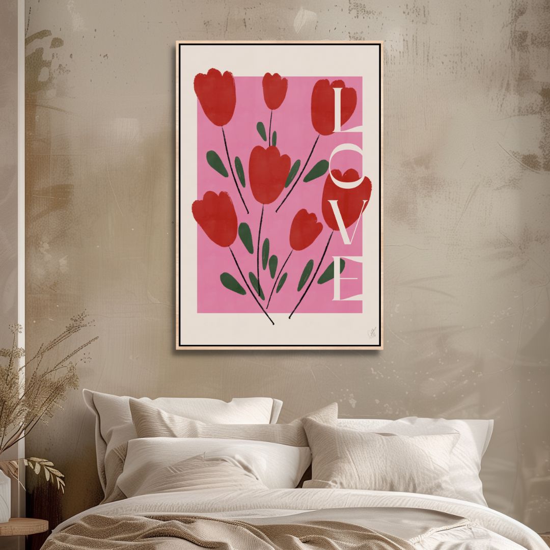 “Self Love Abstract Oil Painting in Pink and Red Tones for Modern Decor”