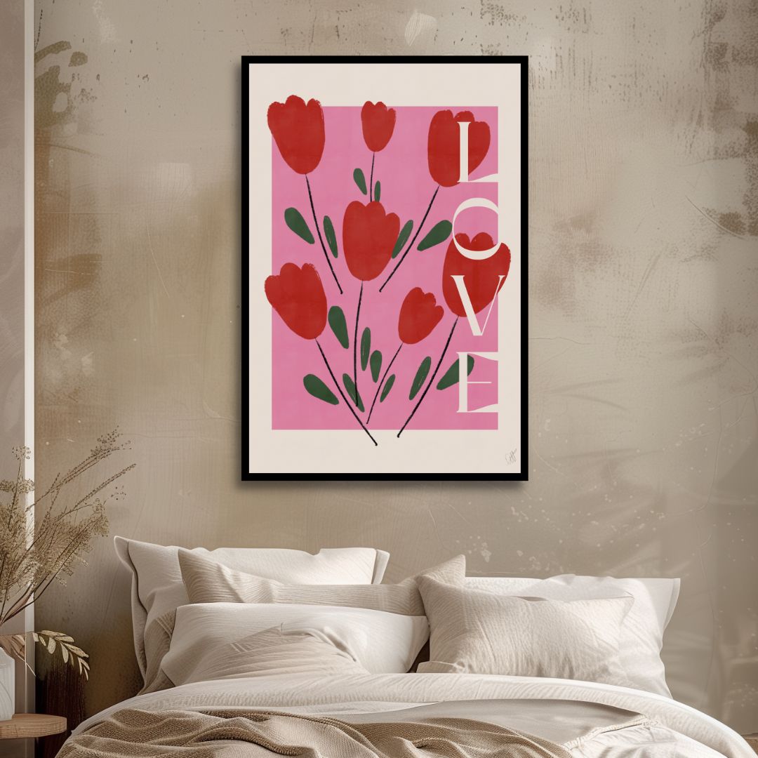 “Self Love Abstract Oil Painting in Pink and Red Tones for Modern Decor”