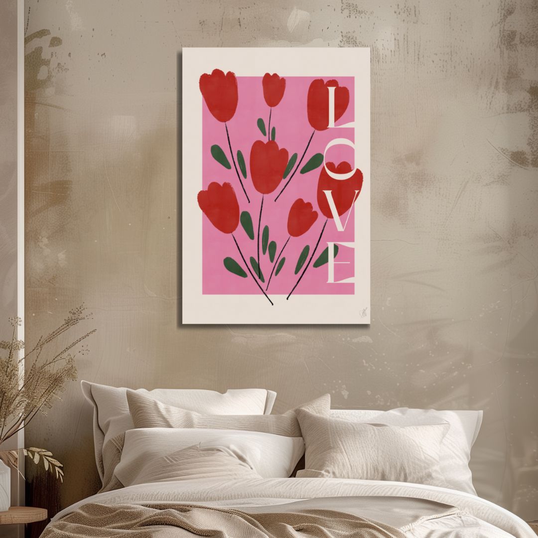 “Self Love Abstract Oil Painting in Pink and Red Tones for Modern Decor”