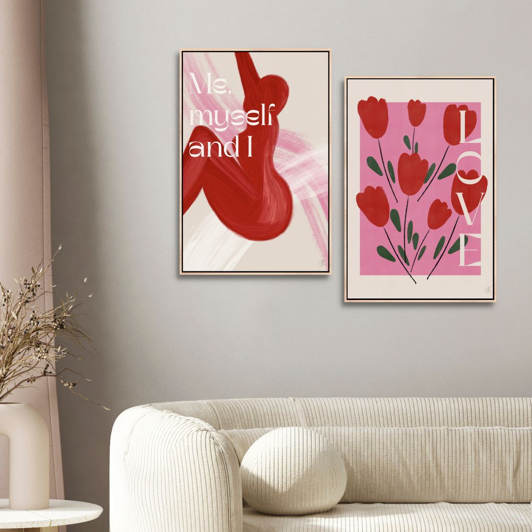 “Self Love Abstract Oil Painting in Pink and Red Tones for Modern Decor”