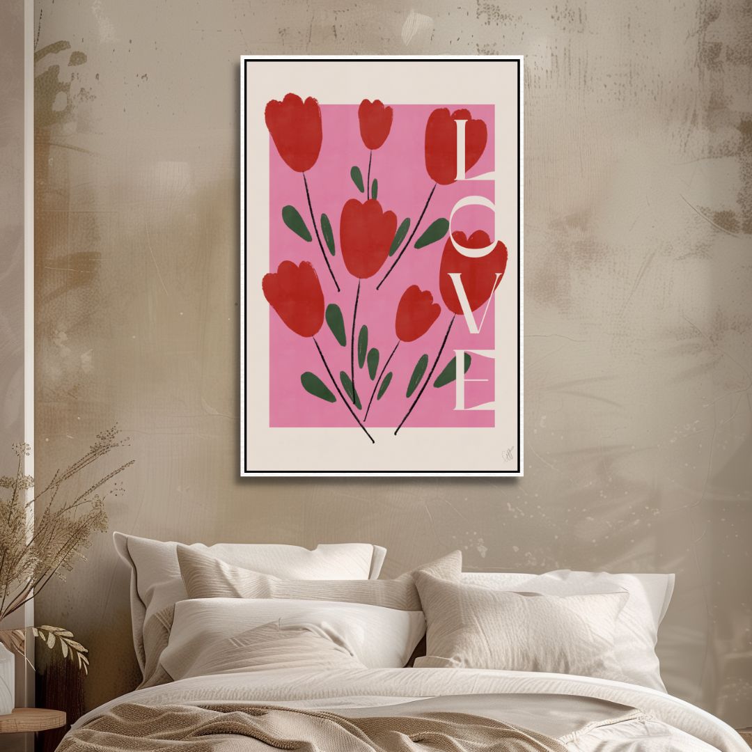 “Self Love Abstract Oil Painting in Pink and Red Tones for Modern Decor”