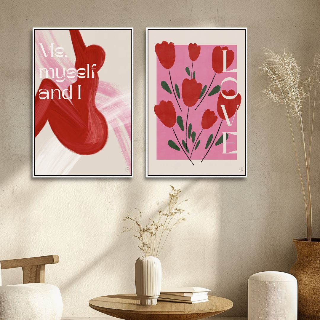 “Self Love Abstract Oil Painting in Pink and Red Tones for Modern Decor”