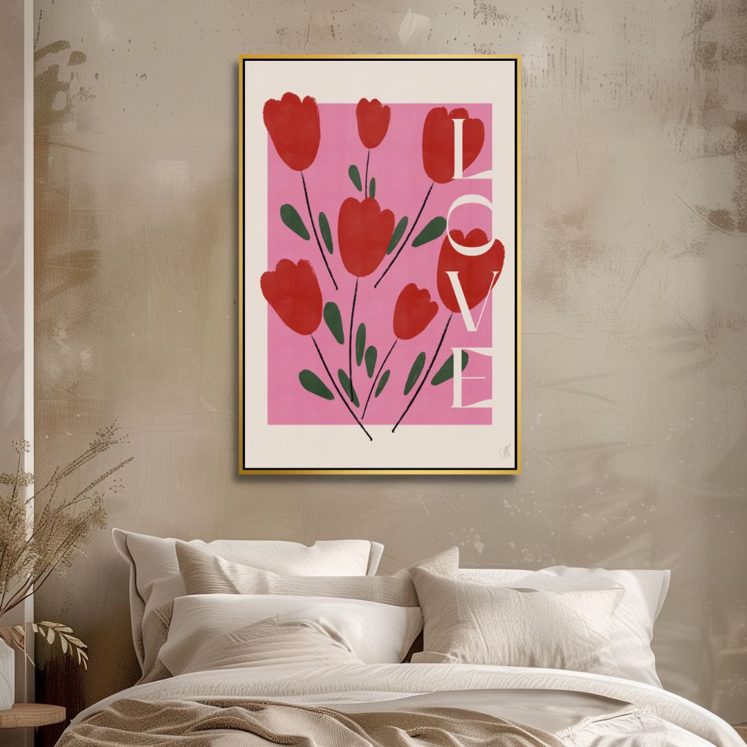 “Self Love Abstract Oil Painting in Pink and Red Tones for Modern Decor”