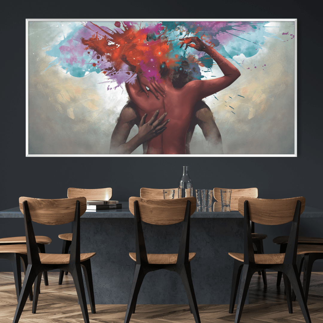 Colorful Abstract Oil Painting of Passionate Embrace and Emotional Connection