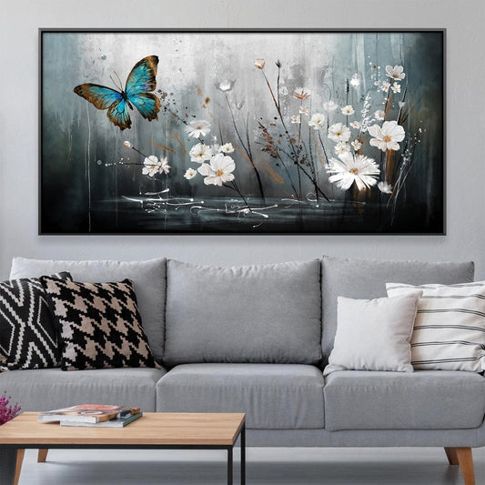 Blue Butterfly and White Flowers Oil Painting for Elegant Home Decor