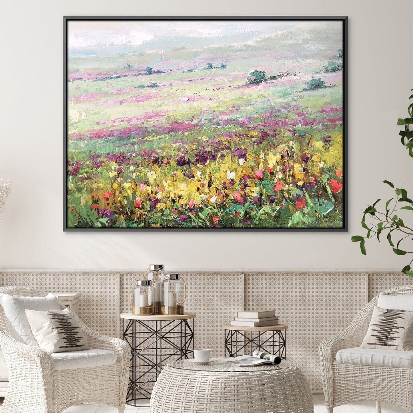 Vibrant Flower Meadow Oil Painting - Colorful Landscape Art for Home Decor