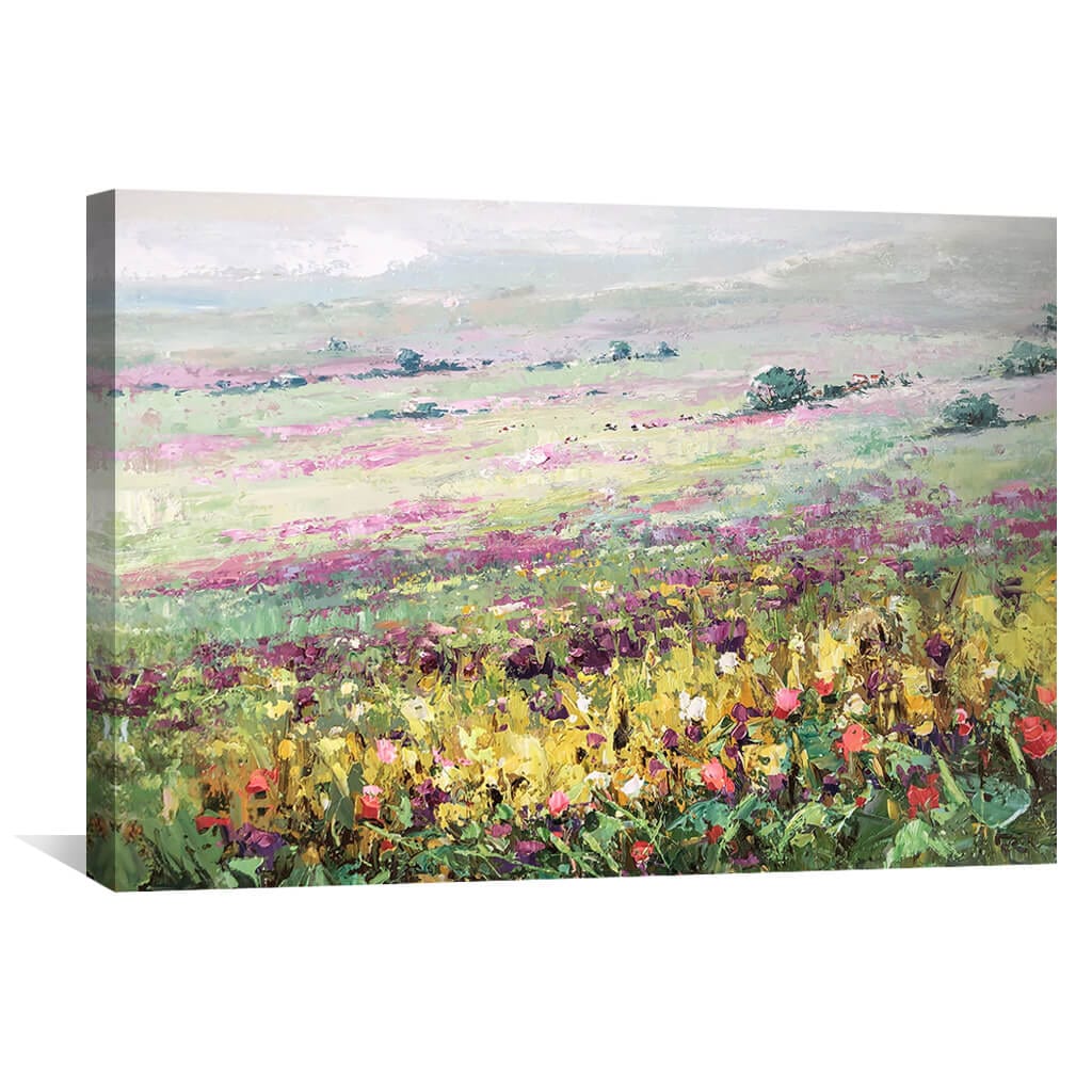 Vibrant Flower Meadow Oil Painting - Colorful Landscape Art for Home Decor