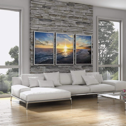 Tranquil Ocean Sunset Triptych Canvas Art for Serene Home Decor
