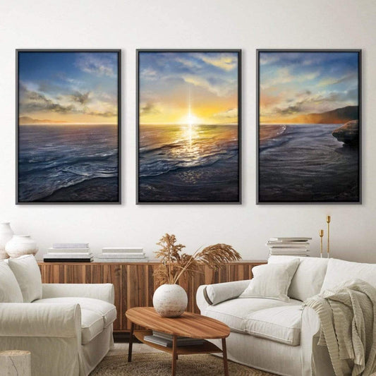 Tranquil Ocean Sunset Triptych Canvas Art for Serene Home Decor