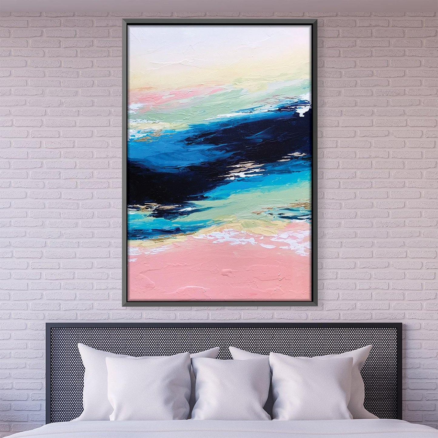 Tranquil Seascape Oil Painting in Soothing Blue and Pink Hues for Modern Decor