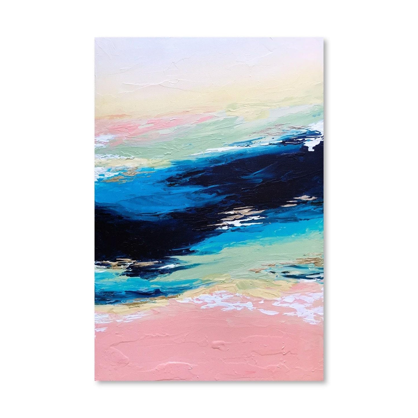 Tranquil Seascape Oil Painting in Soothing Blue and Pink Hues for Modern Decor