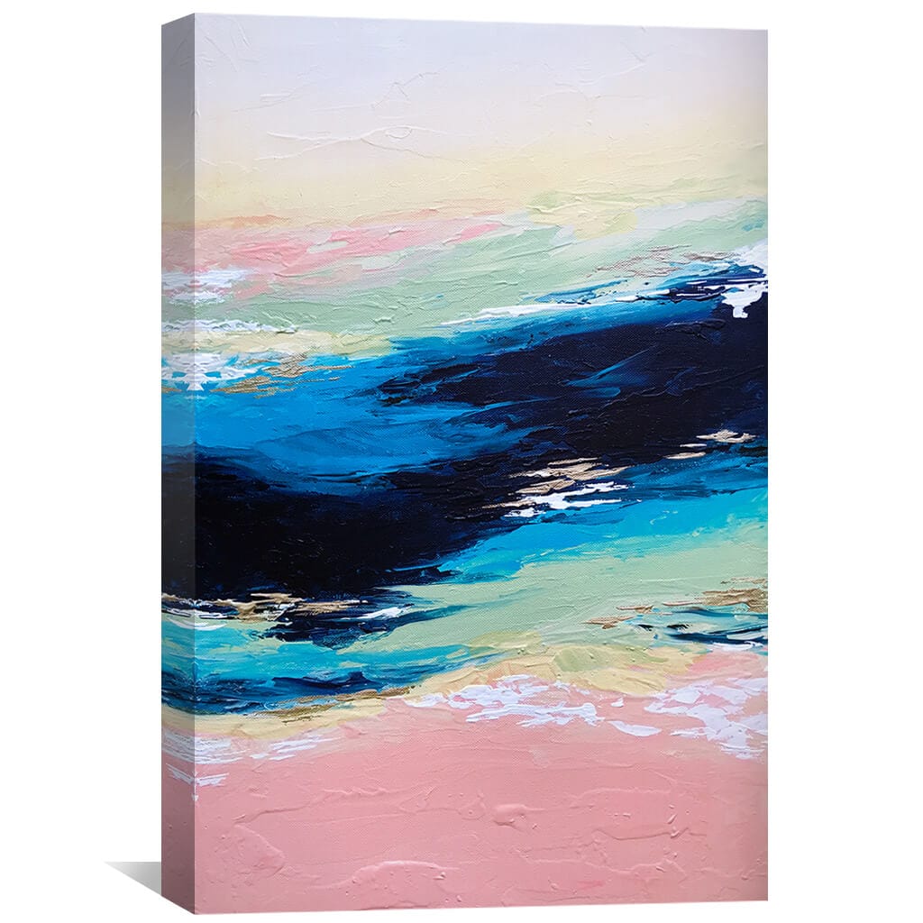 Tranquil Seascape Oil Painting in Soothing Blue and Pink Hues for Modern Decor