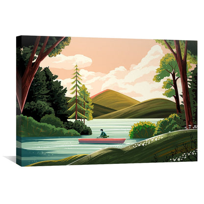 Tranquil Landscape Oil Painting of a Rowboat on Serene Waters