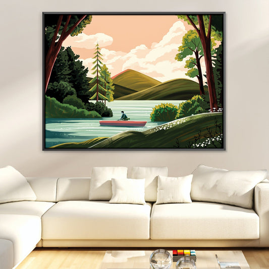 Tranquil Landscape Oil Painting of a Rowboat on Serene Waters