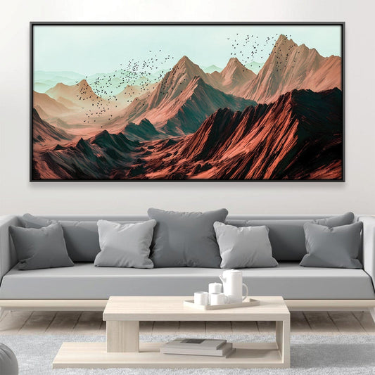 Majestic Mountain Landscape Oil Painting with Serene Sky and Soaring Birds